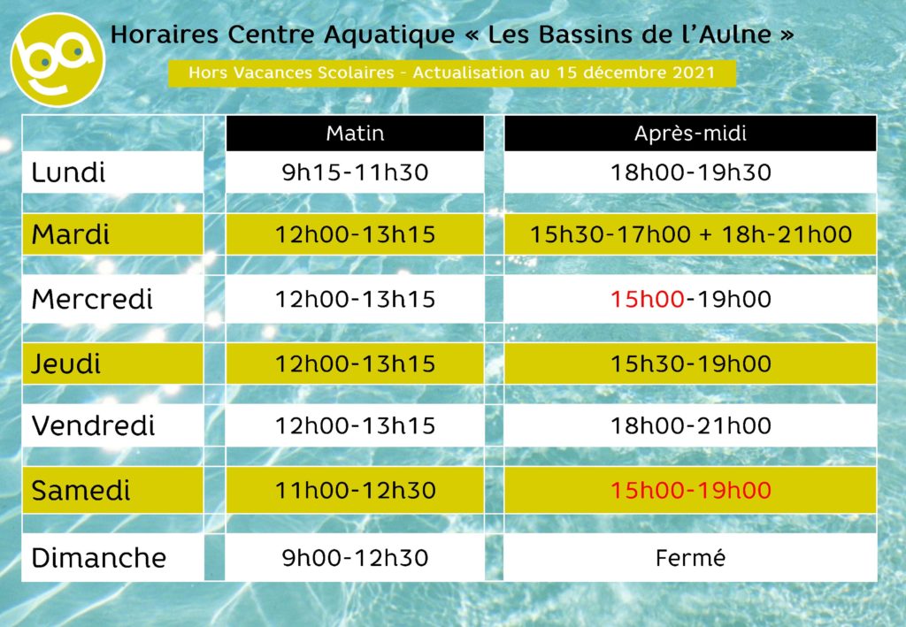 Horaires centre aquatique à partir du 15 décembre 2021