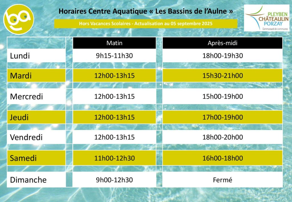 horaires piscine chateaulin 2025 2026 rentrée
